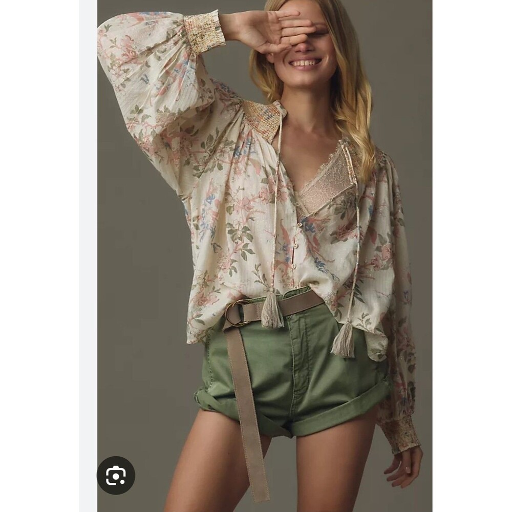 Anthropologie Cream Floral Long Sleeve Smocked Lurex Top Women's Size Medium - Picture 1 of 8